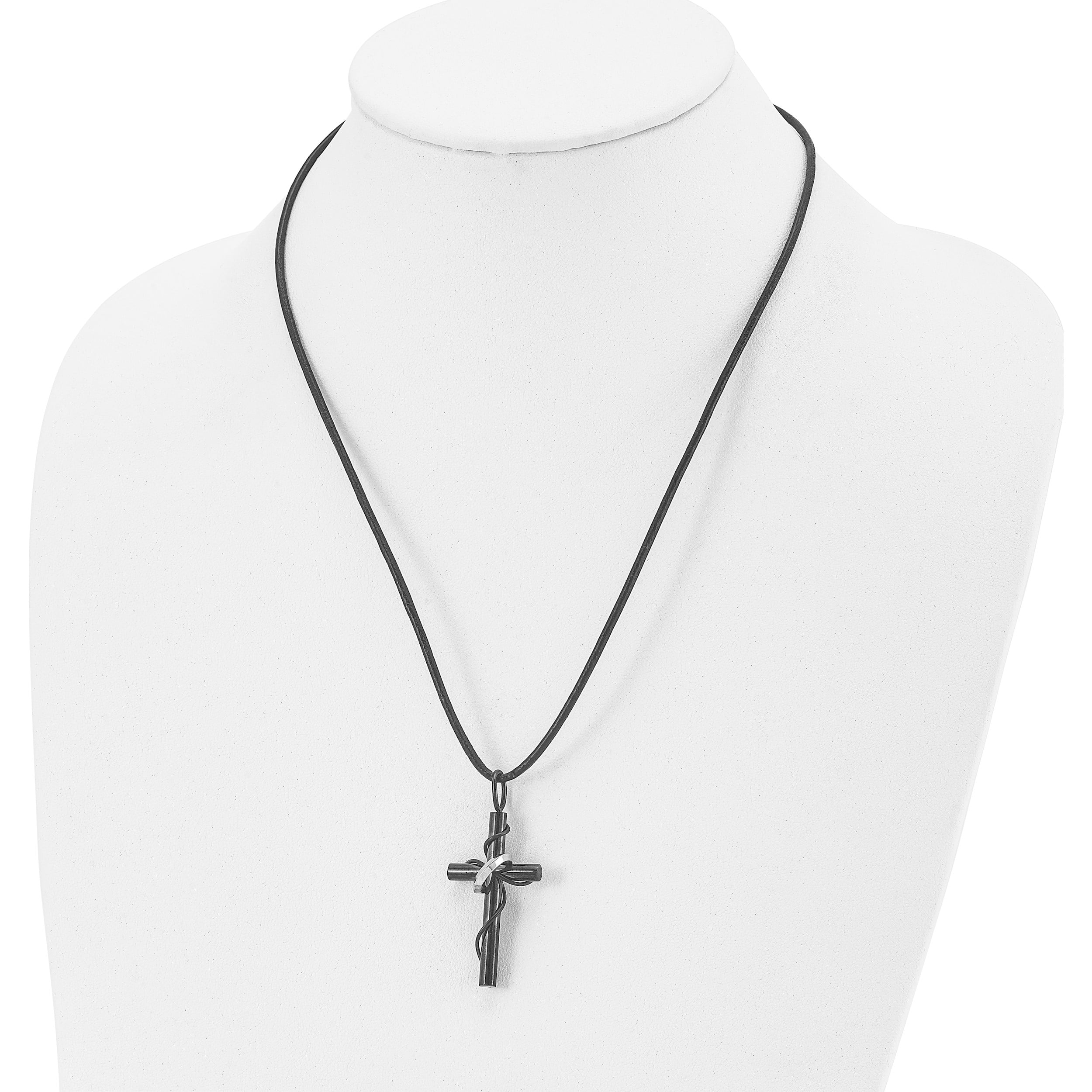 Stainless Steel Polished Black Ip-Plated Cross 20In Leather Cord Necklace Made In China -Jewelry By Sweet Pea