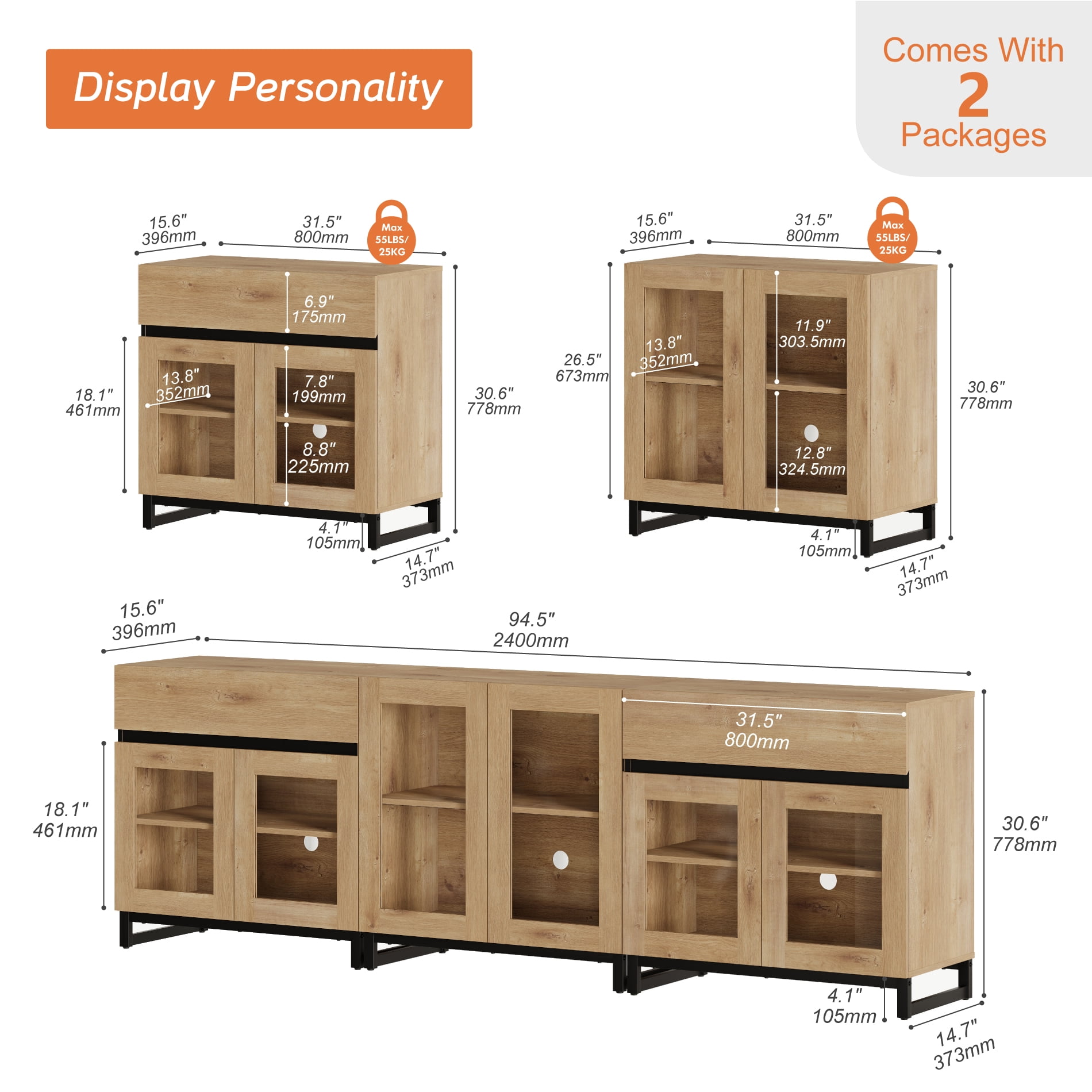 WAMPAT Storage Cabinet with Glass Doors, 3 in 1 Modern Sideboard with Adjustable Shelves and 2 Drawers, Coffee Bar Cabinet for Living Room, Kitchen, Oak