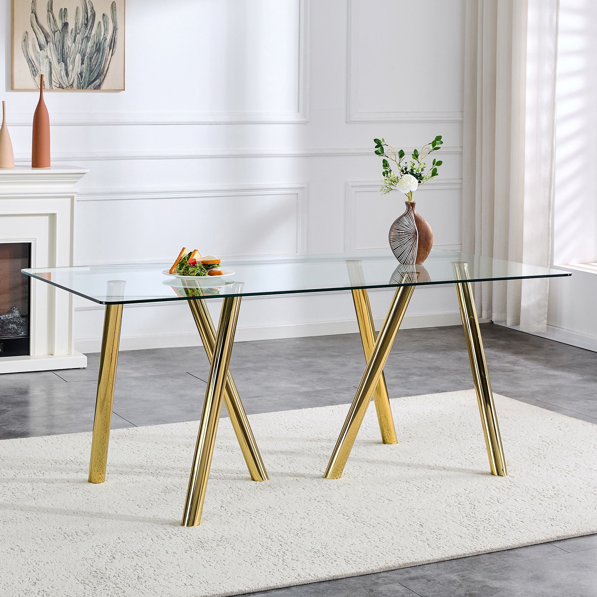 Alvantor 71" Tempered Glass Dining Table with Gold Metal Legs