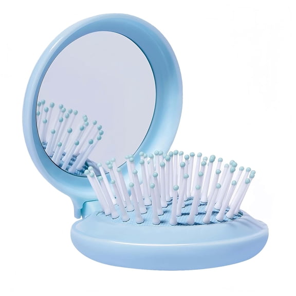ACDANC Travel Hairbrush&Mirror Set for Women,Folding Brush with Compact Mirror for Purse Or Backpack,Cute Baby Blue Gift,Portable Mini Brush for Hair