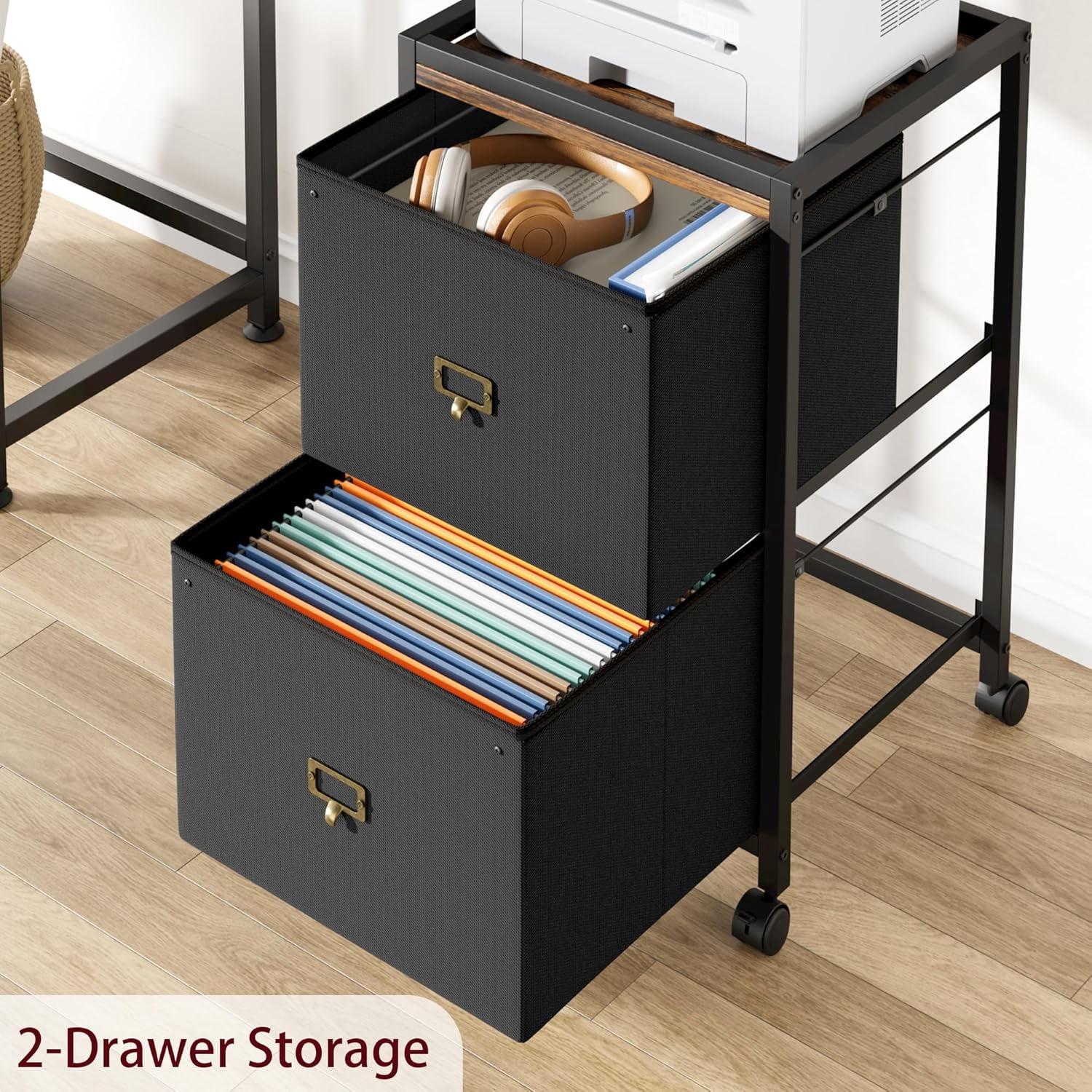 Mobile File Cabinet with Drawers & Wheels, Fabric Vertical File Cabinet with Open Storage Shelves