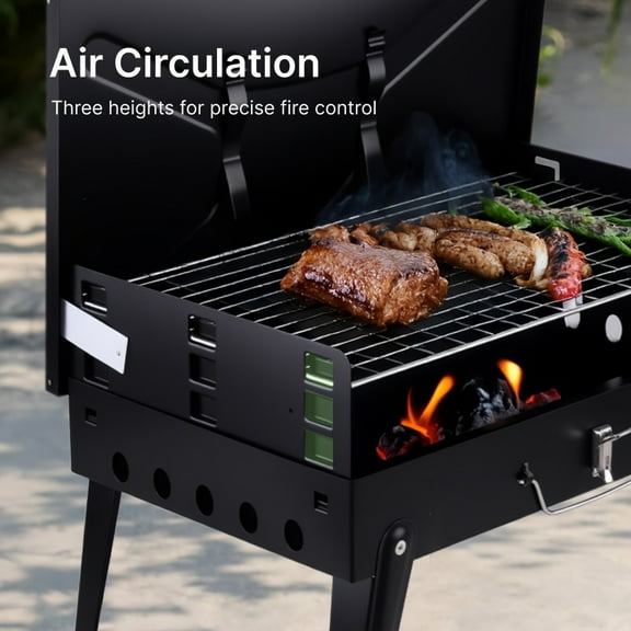 "Portable Charcoal Grill with Hood - Heavy-Duty Folding Design - Includes Stand & Accessories