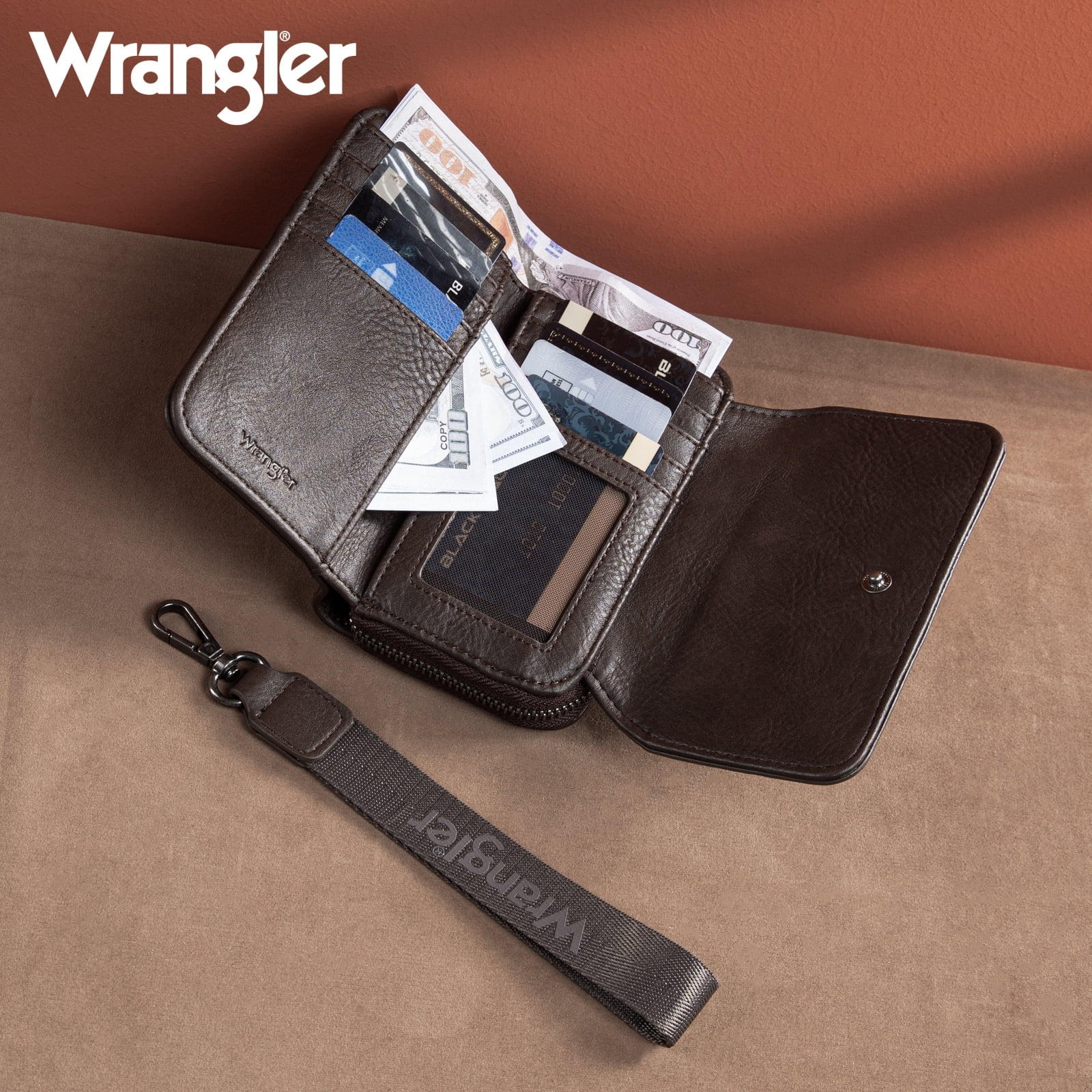 Wrangler Wallet Purse for Women Minimalist Wristlet Wallet with RFID Blocking Credit Card Holder, Coffee