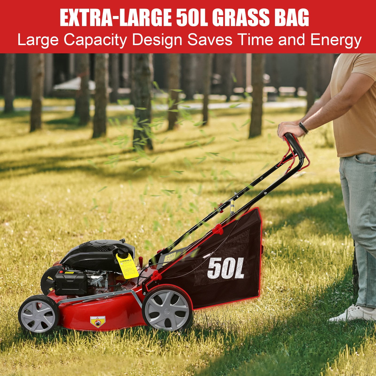 Fompes 20-Inch Gas Push Lawn Mower with 141 cc 4-Cycle Engine, 7-Position Dual Lever Height Adjustment Self Propelled Lawn Mower with 50L Grass Tank, Big Wheels