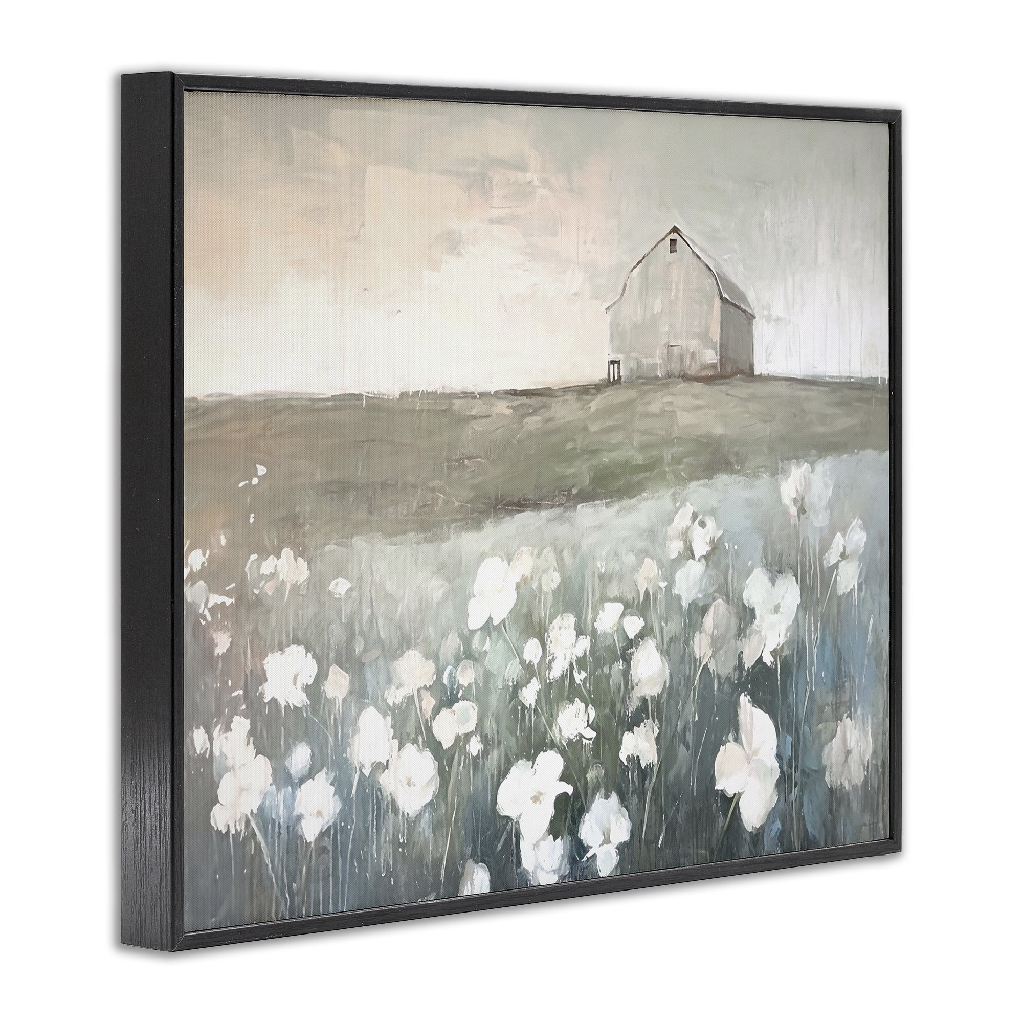 Stupell Industries Peaceful Floral Pasture Landscape Painting Black Framed Art Print Wall Art, 20 x 16