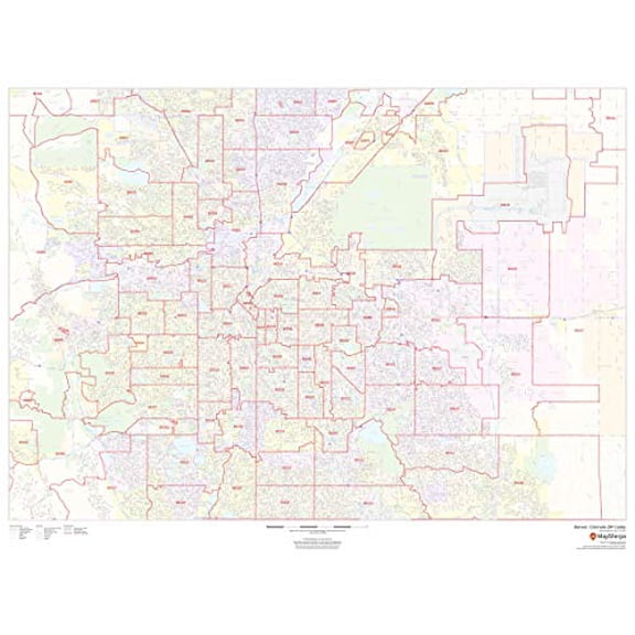 Denver, Colorado Zip Codes - 48" x 36" Laminated Wall Map