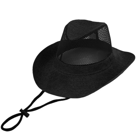 VBEWZET Men's Mesh Sun Hat, Wide Brim Cowboy Style Summer Hat with Chin Strap, Breathable Outdoor Fishing & Hiking Cap Black