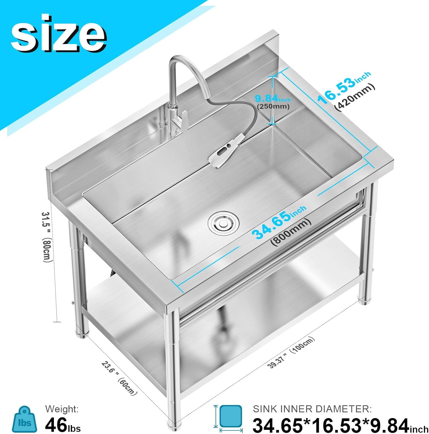 40" Stainless-Steel Sink Large Single Sink Accommodates larger volumes Can be used in kitchens, bathrooms, garages, undermount sinks Size34.65′′*16.53′′*9.84′′