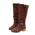 thumbnail image 2 of Knee High Boots for Women Wide Calf Sweater Knitted Ruched Comfortable Tall Boots Fashion Side Zipper Low Heel Slouch Buckle Straps Motorcycle Riding Boot Round Toe Vintage Winter Boot, 2 of 8