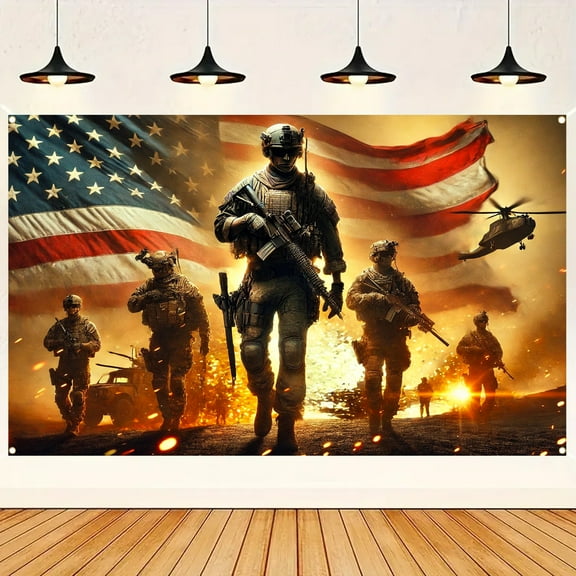 1PC, 2D Flat American soldiers' patriotic march scene, polyester fiber, flags and banners, decorations, festival/party celebration banners, festival photo background tapestcarpets, 70.8×43.3 inches,