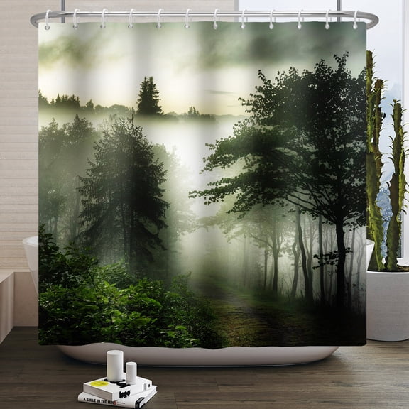 Pbobriich Green Misty Forest Shower Curtain,Nature Tree Scenery Fabric Bath Curtain for Bathroom 72Wx72L inch