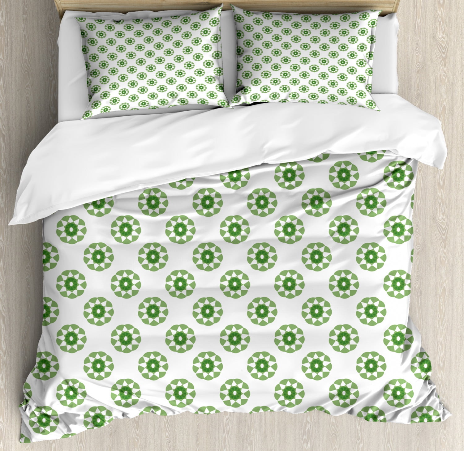 Green and White Duvet Cover Set King Size, Contemporary Ornaments