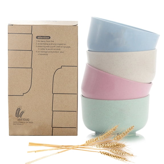 Set of 4 unbreakable cereal bowls, 450 ml wheat straw fiber lightweight bowls - Dishwasher and microwave safe