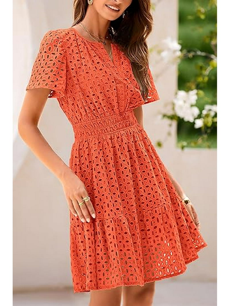 cute dresses for women near me Prettygarden Womens Summer Short Dress V Neck Short Sleeve A Line Wear To Work Hollow Out Lace Ruffle Cute Casual Beach Party Dresses, Women's, Size: