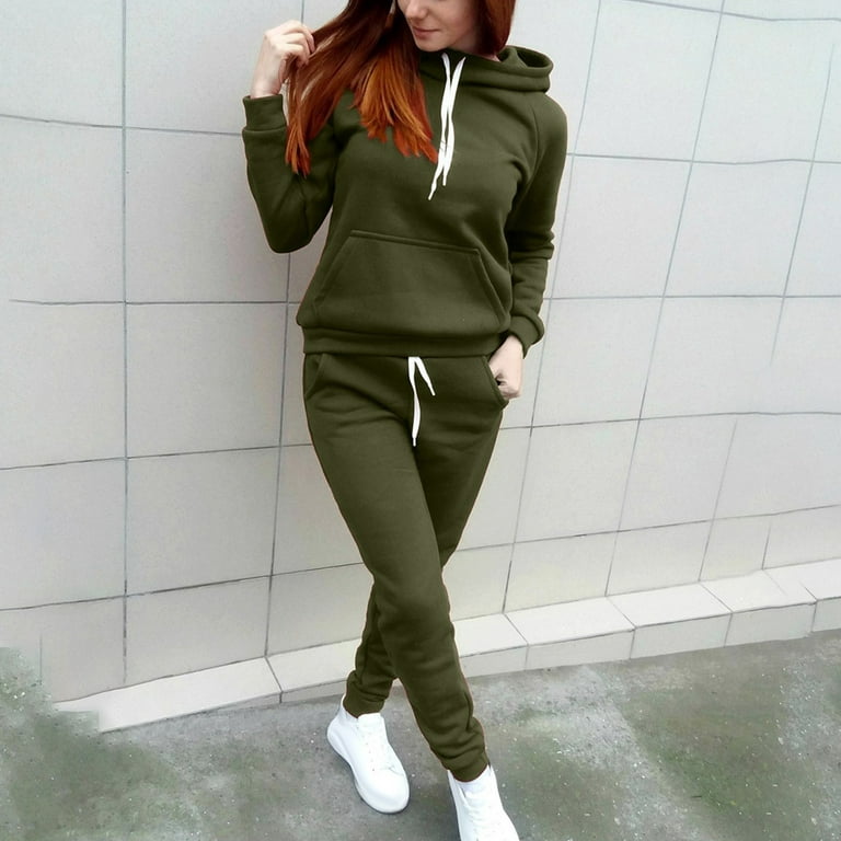 FAIWAD Women 2 Piece Outfits Casual Sweatsuit Hooded Sweatshirt Hoodie with  Sweatpants Sport Outfits Jogger Set (Small, Army Green)