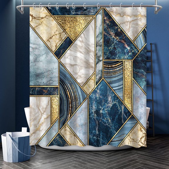 Marble Abstract Shower Curtain Navy Blue Gold Foil Beige Modern Luxury Art Marble Black Lines Curtain for Bathroom Decor, Waterproof Fabric Bathroom Curtains Shower Set