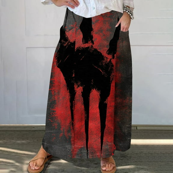 WXLWZYWL Women's Linen Maxi Skirt with Pockets - Floral Print Casual Elastic Waistband Flared Long Skirt 2024 Fall Fashion