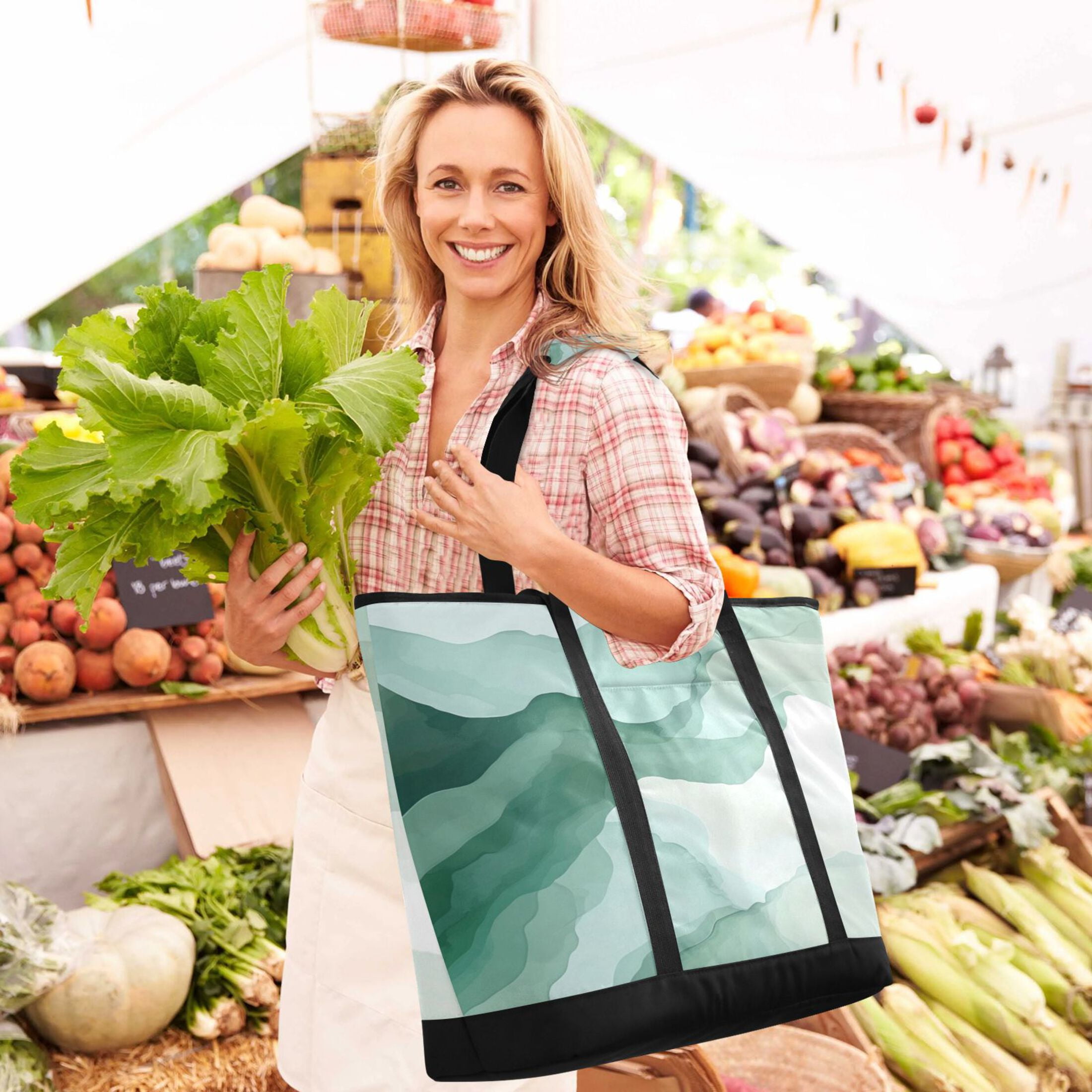 Large Hand-held Ice Pack Picnic Bag Insulation and Refrigeration Suitable for Shopping Picnics and Camping Light Green Pattern