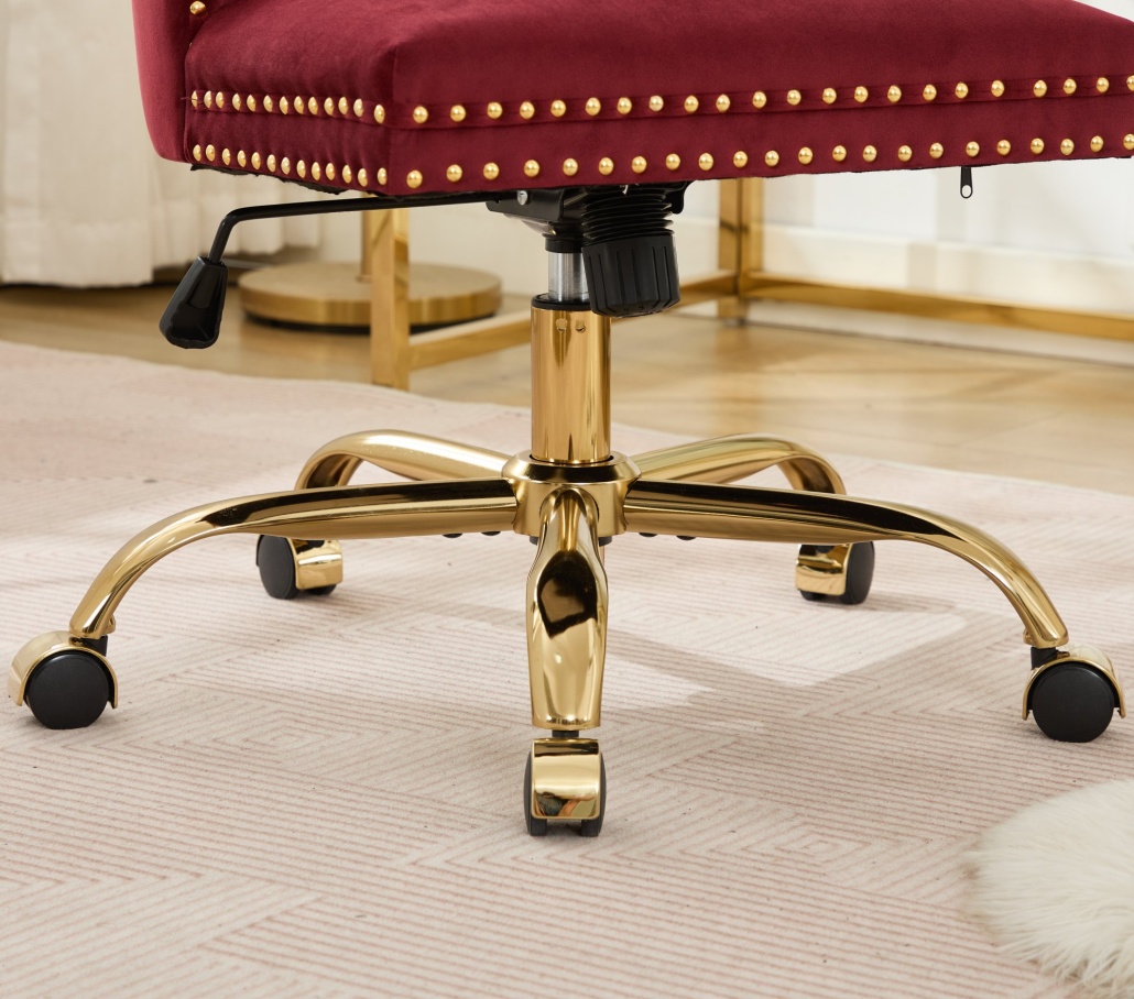 Velvet Office Desk Chair with Swivel Wheels, Modern Vanity Chair with Golden Metal Base and High Back, Tufted Button Adjustable Height Chair for Living Room, Bedroom, Apartment, Red