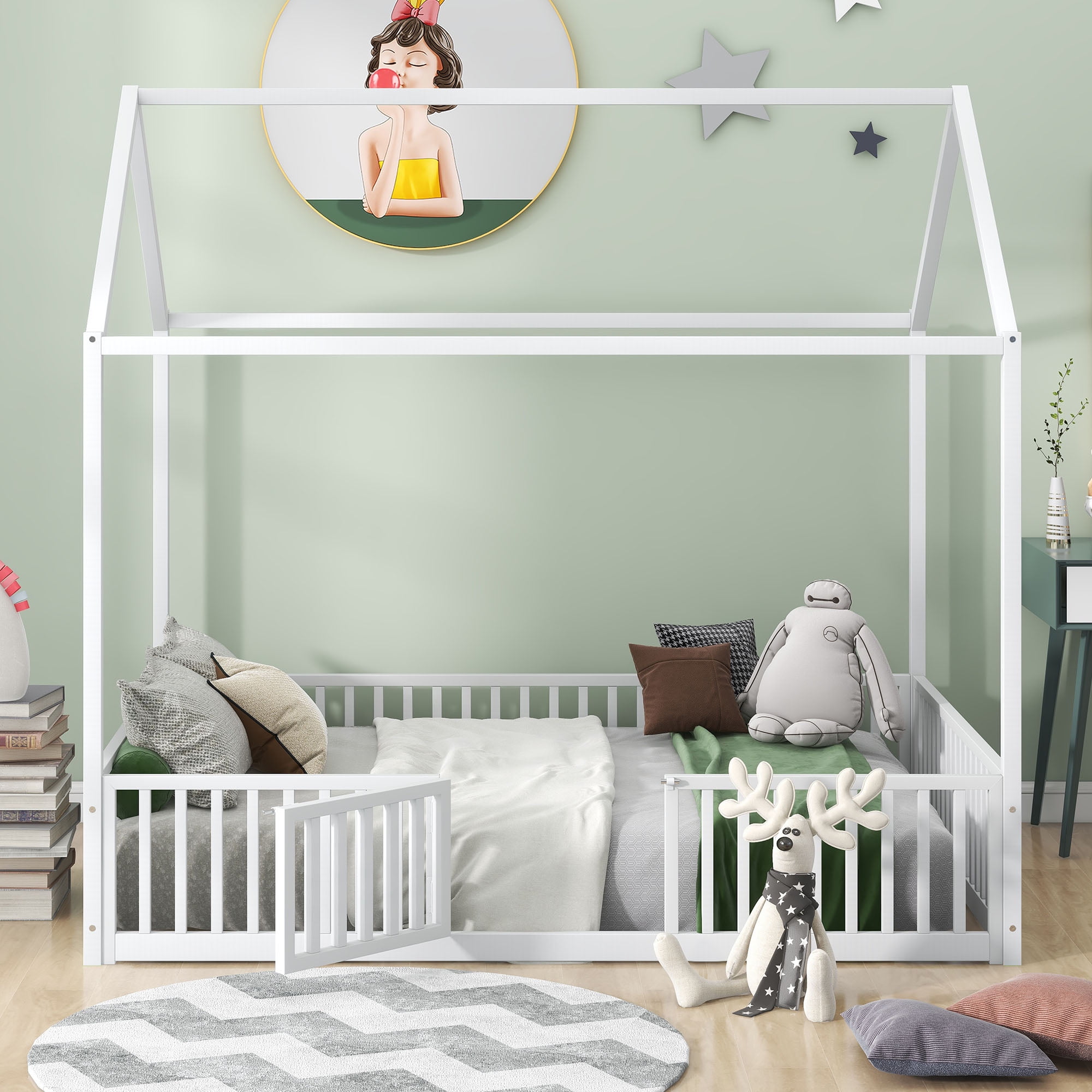Euroco Metal Twin Size House Bed Frame, Low Profile Canopy Bed with Fence and Door, White