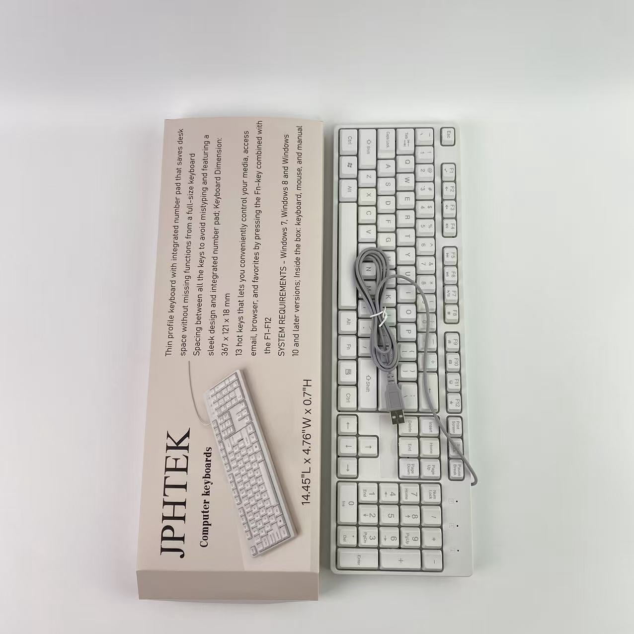 JPHTEK Computer keyboards,Wired Quiet USB Keyboard - 14.45x4.76x0.70 Inches - Compact Design with Number Pad - White