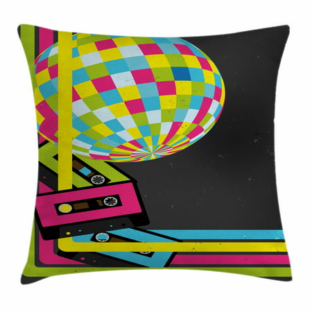 Popstar Party Throw Pillow Cushion Cover, Retro Party Theme Disco Ball 80's Style Audio Cassette Tapes Colorful Stripes, Decorative Square Accent Pillow Case, 18 X 18 Inches, Multicolor, by Ambesonne