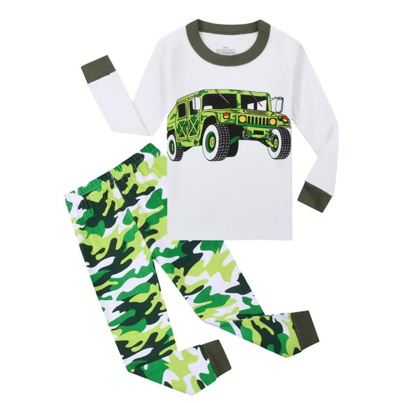 100% Cotton Pajamas Set for 3-8T Boy Cartoon Truck Long Sleeve Tops +Camo Pants 2 Pieces Sleepwear