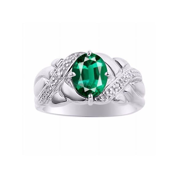 Diamond & Emerald Ring Set In 14K White Gold - Color Stone Birthstone Ring