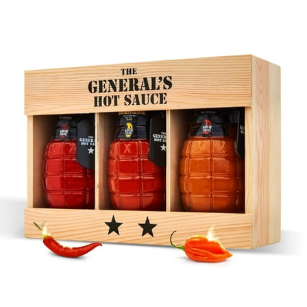 The General's Hot Sauce Wood Box Gift Set with Cayenne and Habanero Pepper Hot Sauces, 3-Pack (6 oz Bottles)