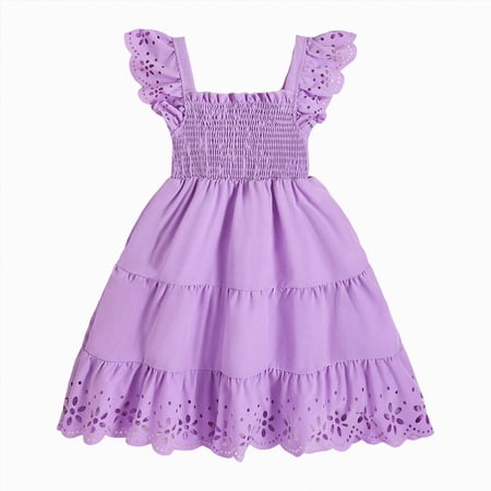 Gubotare Girls Sundress Kids Girls Dress with Flutter Ruffle Short Sleeve Kids Lace Square Neck Frocks 4T 5T (Light Purple 4-5 Years)