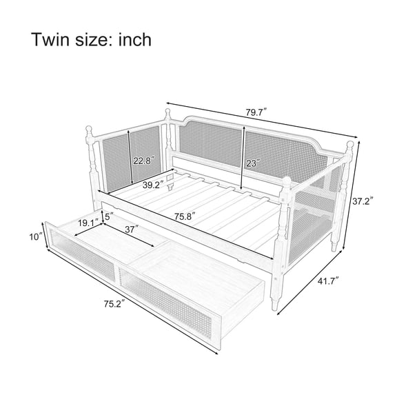 Twin Size Sleeper Sofa, Traditional Style Rattan Twin Size Daybed with 2 Drawers for Limited Space, Guest Room, No Box Spring Needed,Antique White, Antique White Sofa Beds,Wood Convertible Sofa Beds