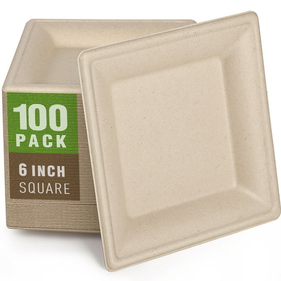 Gezond Compostable Square Plates 6 Inches, 100pcs Disposable Paper Plates, Eco-Friendly Heavy Duty Biodegradable Sugarcane Plates for Party Wedding Picnic