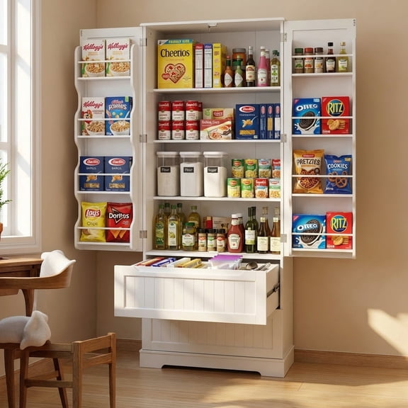 Pantry Cabinet, Lofka 71" Kitchen Pantry Storage Cabinet with Magnetic Doors and 12 Shelves, White