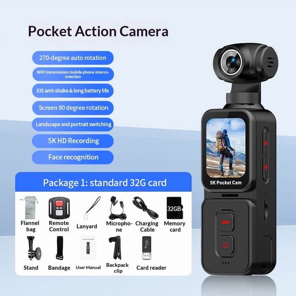 MUOXUEQN 5K pocket camera, handheld action camera with 1.69-inch touch screen, 75MP with 32GB memory card