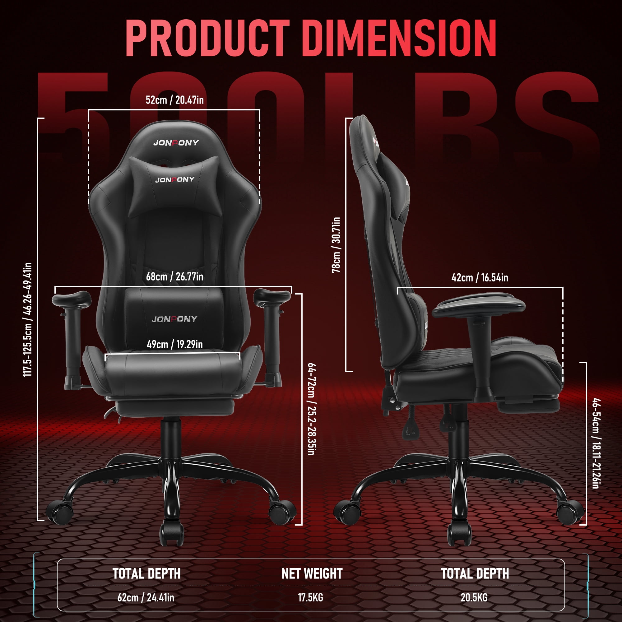 JONPONY Big and Tall 400LBS Gaming Chair, Ergonomic Design with 2D Armrests,PU Leather with Footrest and Lumbar Support, High Back Office Chair Support 8 Hours Long Sitting, Computer Chair,Black