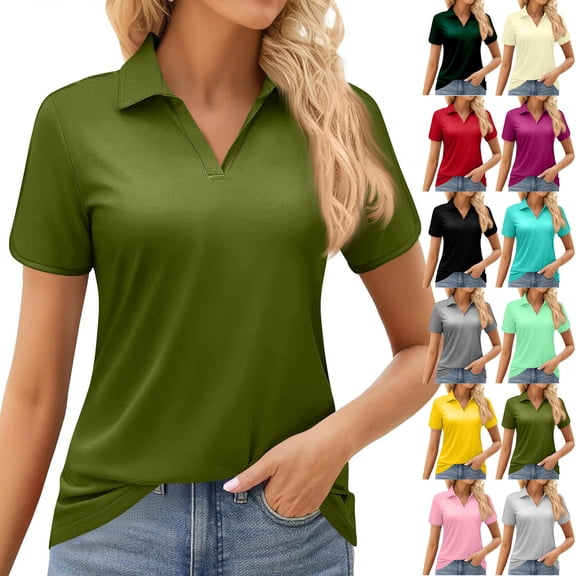 Dresfit Womens Polo Shirts V Neck Collared Dressy Tops 2026 Summer Short Sleeve Breathable Golf Shirt Quick Dry Elastic Upf 50 Dressy Basic Tees Army Green S