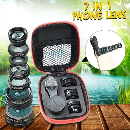 7in1 Mobile Phone Camera Lens Kit  Wide Angle + Fisheye Lens + Wide Macro +15X Macro Combo Lens with Skateboard Clip For Universal Cell Phone