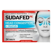 Sudafed PE Head Congestion + Mucus Tablets for Sinus Pressure, Pain & Congestion, 24 ct