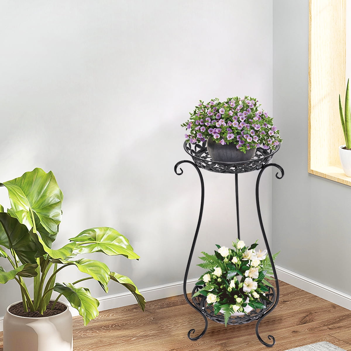 2 Tier Metal Plant Stand Flower Pot Holder Shelves for Garden Home