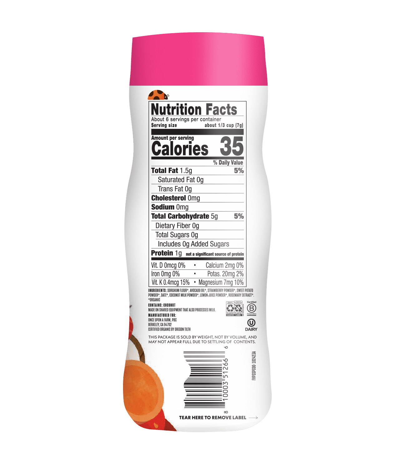 (2 pack) Once Upon a Farm Organic Baby Puffs, Strawberry, Sweet Potato & Coconut, 1.5oz Canister