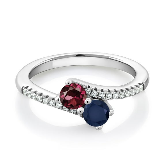 Gem Stone King 925 Sterling Silver Red Rhodolite Garnet and Blue Sapphire Bypass Ring for Women (0.96 Cttw, Gemstone January Birthstone, Round 4MM, Size 8)