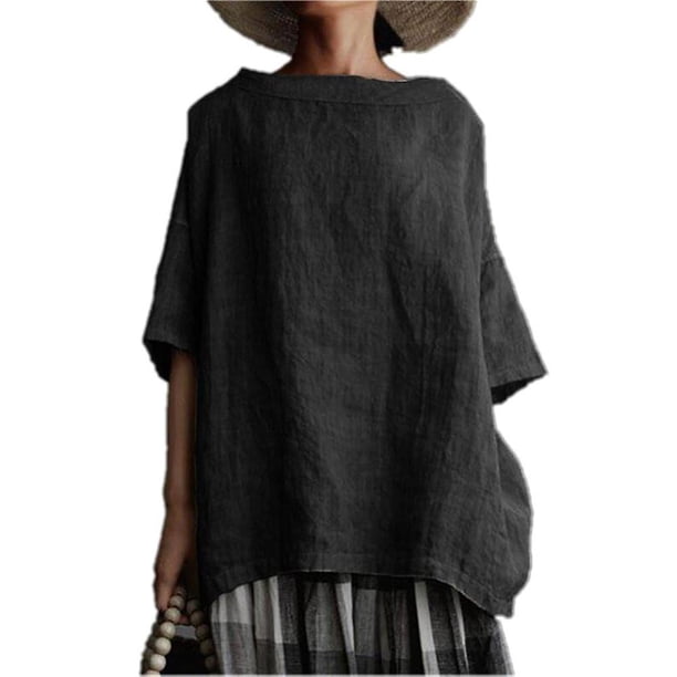 Blusa de media manga con cuello barco para mujer, camiseta holgada para mujer, camisa de talla grande