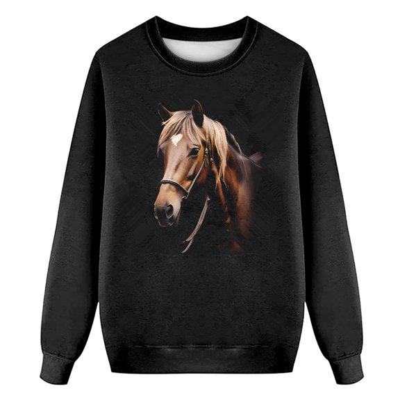 Women Oversize Sweatshirts 2026 Horse Graphic Print Long Sleeve Crew Neck Casual Y2K Pullover Tops Black