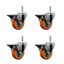 3.5 Inch Orange Poly Wheel Swivel 3/4 Inch Threaded Stem Caster Set with Brake