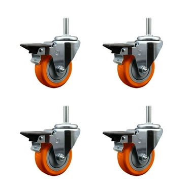 3.5 Inch Orange Poly Wheel Swivel 3/4 Inch Threaded Stem Caster Set with Brake