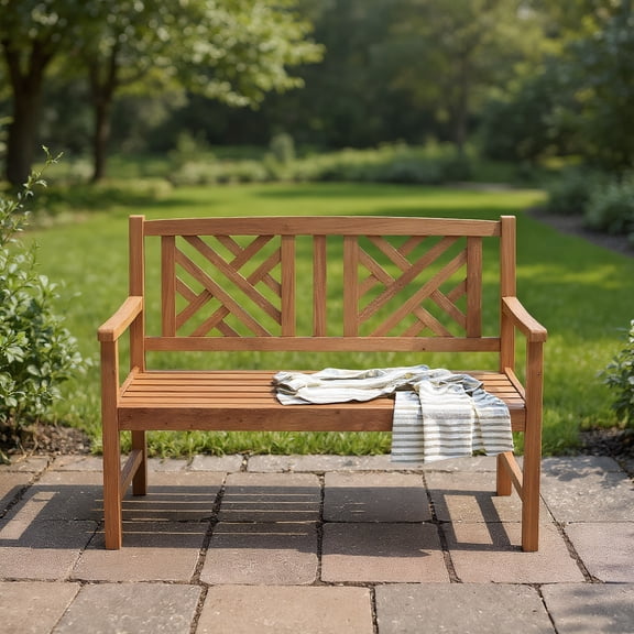 Resenkos 2-Person Wood Outdoor Bench with Cozy Armrest and Backrest, Wooden Garden Furniture, Easy Assembly, Suitable for Patio and Garden