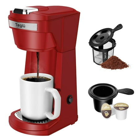 Single Serve Coffee Maker for K Cup Pod & Ground Coffee 2 in 1, K Cup Coffee Machine 14 oz Brew Size, Mini Single Cup Coffee Pod Fast Brew, Reusable Filter, Red