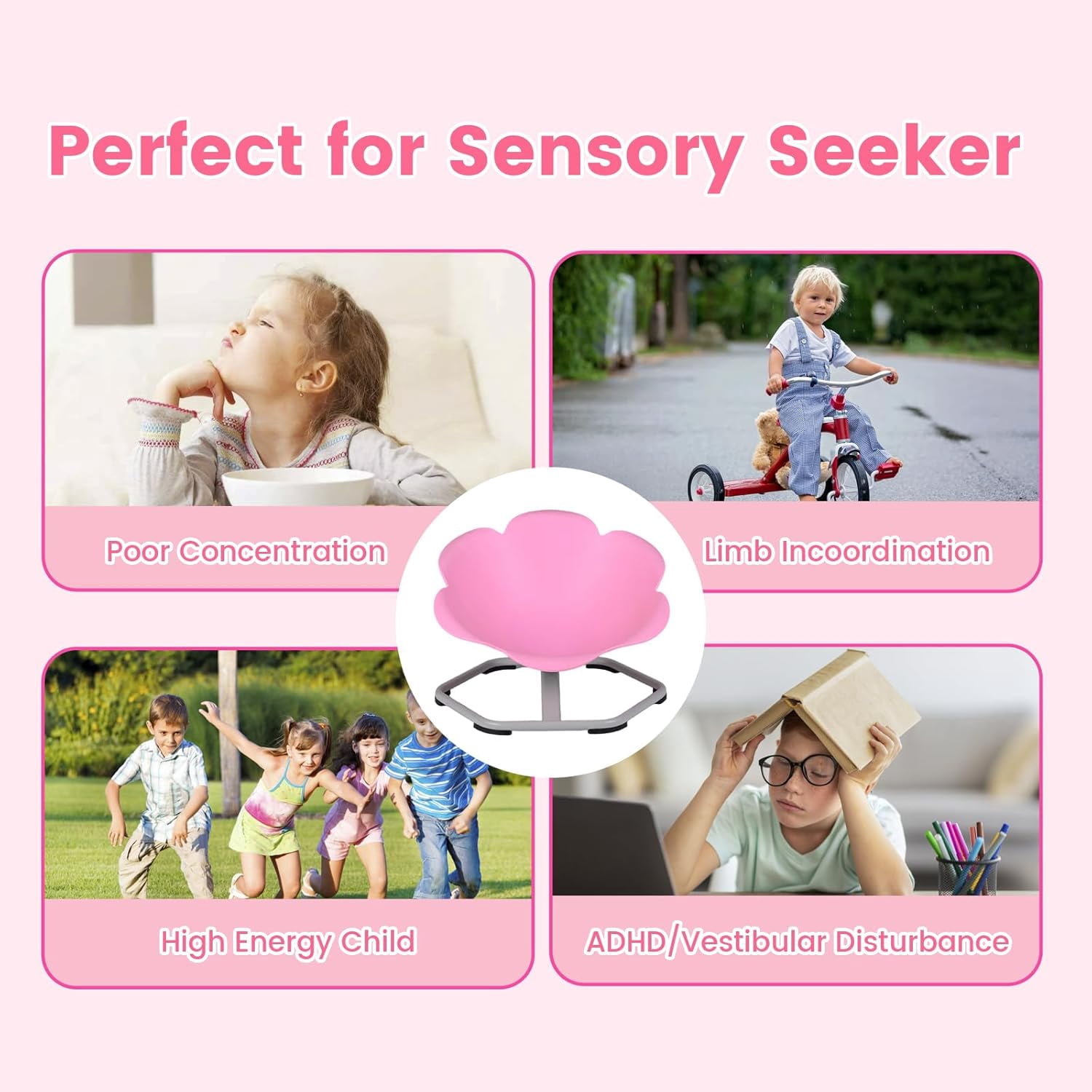 OLAKIDS Sensory Spinning Chair, Flower Shape 360° Swivel Seat for Autistic Kids Autism ADHD Children with Non-Slip Design, Sit and Spin Toy for Body Balance Coordination Training
