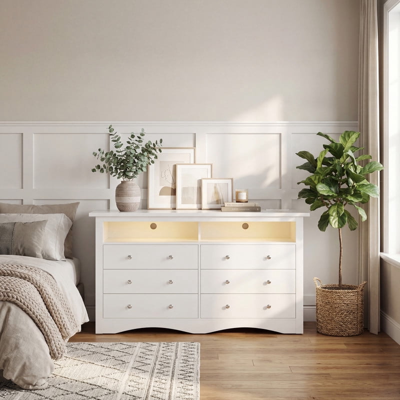 Lacoo 6 Drawer Dresser with Smart RGB LED Lights, Built-in Charging Station, Large Storage Chest of Drawers with Open Shelf