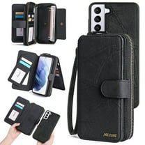 Feishell for Samsung Galaxy S21 Multi-Function Wallet Case, with Wrist Strap, Premium PU Leather 2 in 1 Magnetic Detachable Purse 14 Card Holder Slots Zipper Pocket Phone Case for Women Men,Black